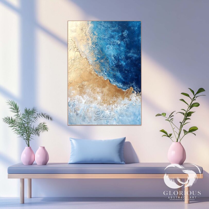 Blue and gold abstract painting above a sofa in a living room.