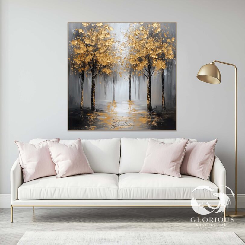 Large hand-painted golden tree forest painting in autumn tones.