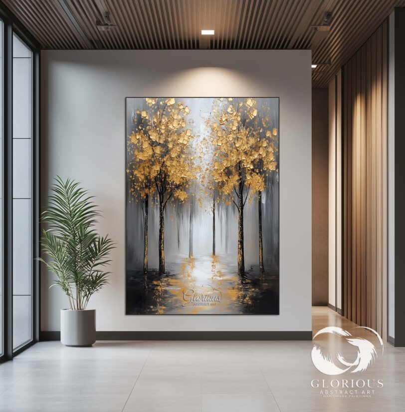 Elegant golden tree painting for modern living room decor.