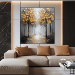 Hand-painted forest scene with golden leaves and gray tones.