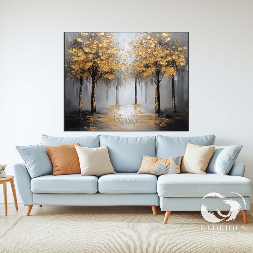 Large nature-inspired wall art featuring golden trees and autumn landscape.