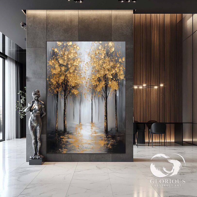 Modern autumn forest painting with gold and gray tones.