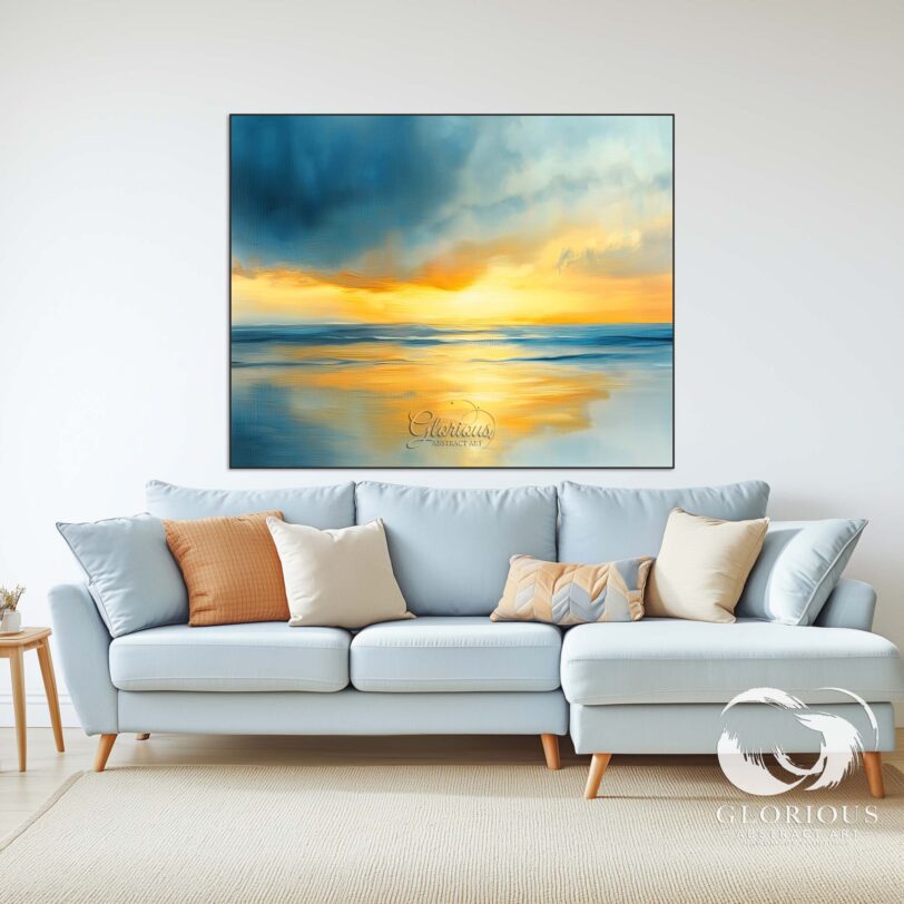Textured abstract painting with blue and golden hues for wall decor