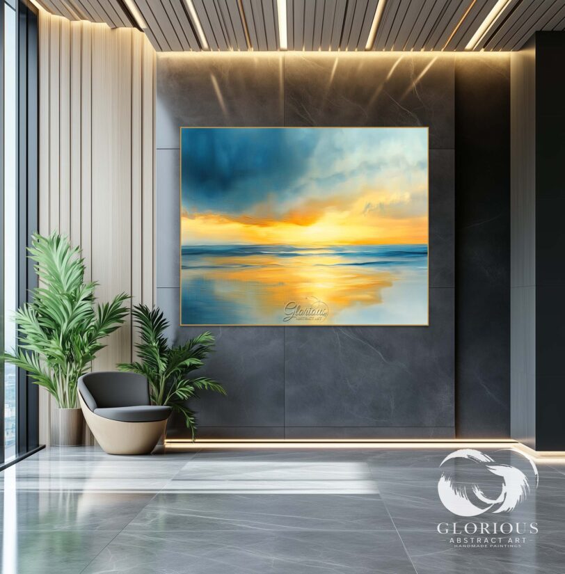 Close-up of textured brushstrokes in blue and gold abstract art