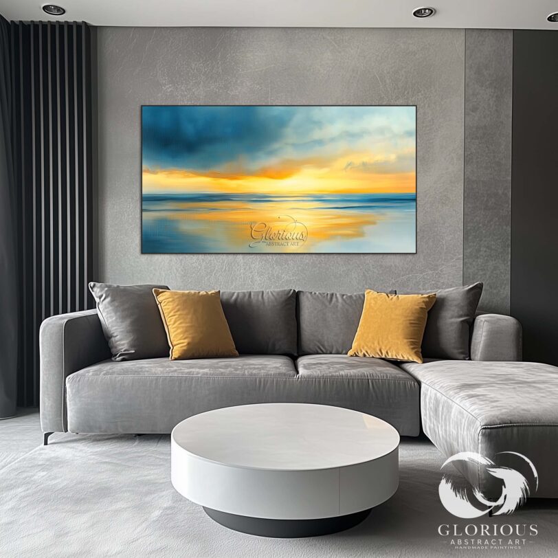 Large abstract canvas art in blue and gold, ideal for living room decor.