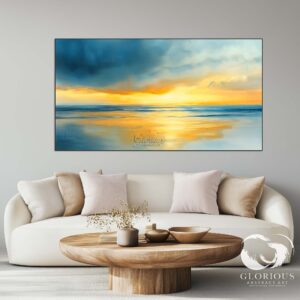 Abstract painting with shades of blue and gold evoking a peaceful sunset.