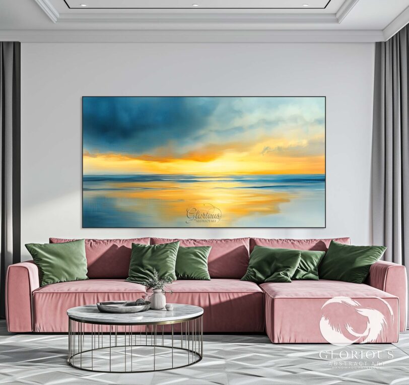 Modern abstract painting with a blend of blue and warm tones for decor.