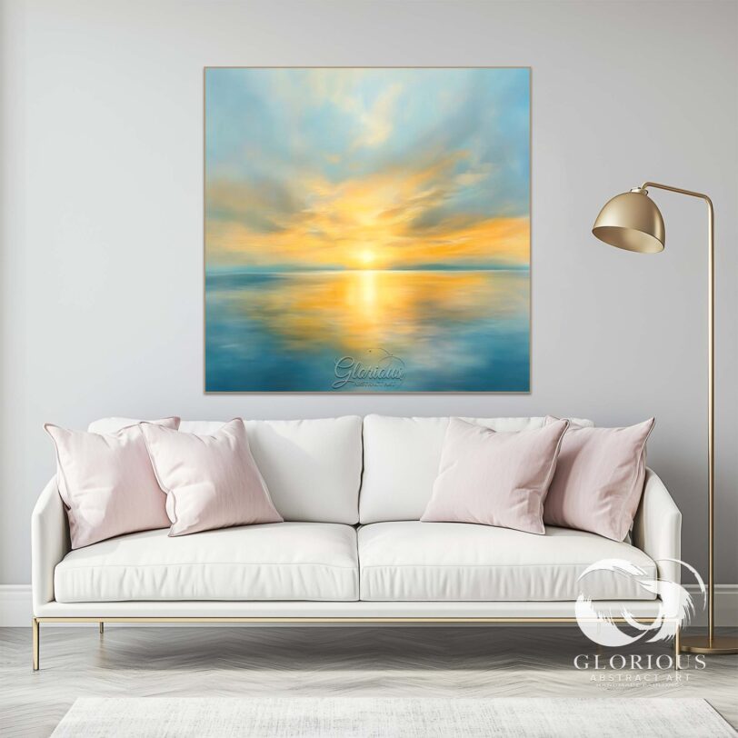 Abstract seascape painting with golden sunset reflecting over calm waters