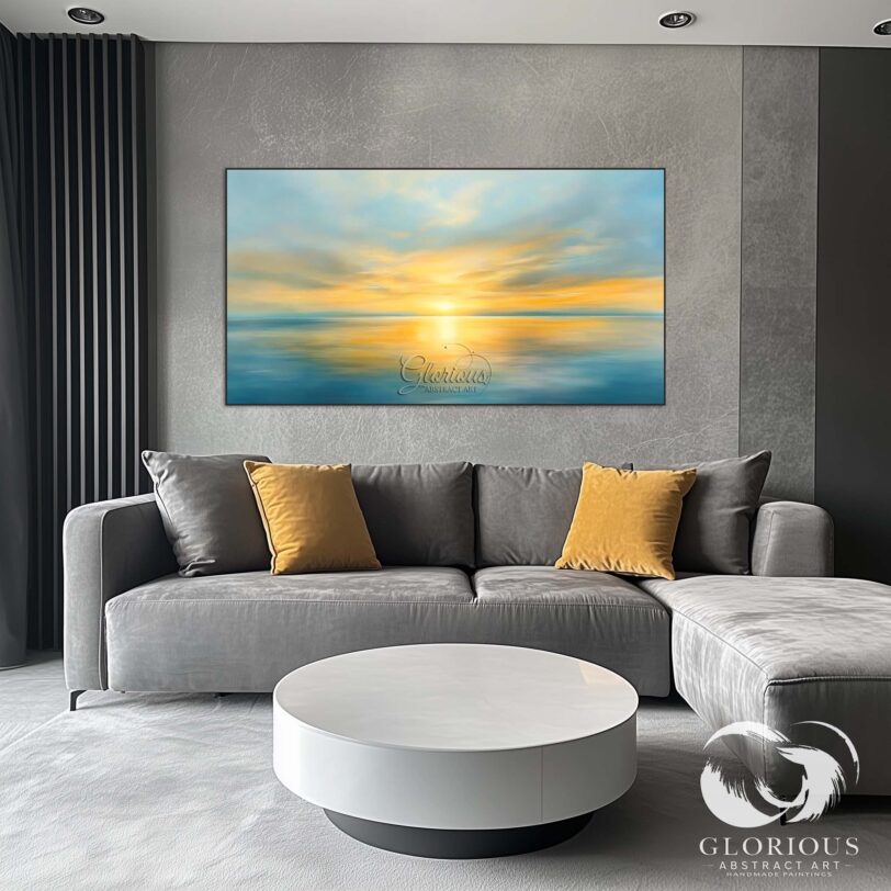 Golden horizon abstract painting with soft blue water reflections