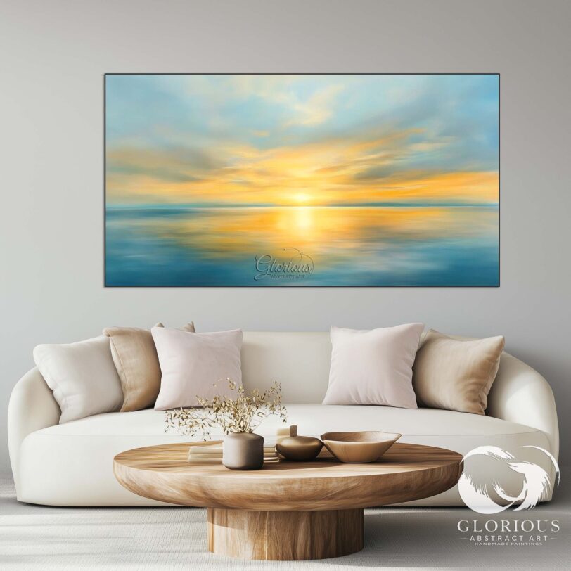 Handmade abstract landscape painting of sunset over water