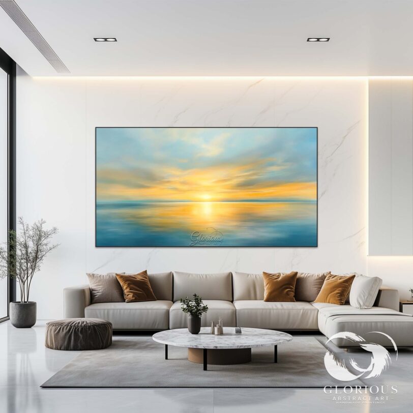 Serene sunset seascape wall art in blue and golden hues