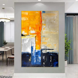 Bold geometric abstract painting on canvas with orange, blue, and cream colors.