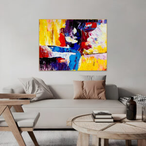 Bold abstract painting for modern decor, featuring bright yellow, blue, and red tones.