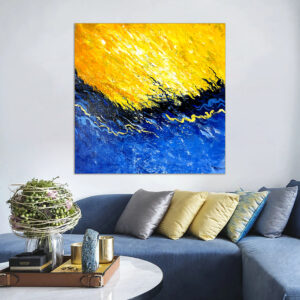 Colorful abstract painting in yellow and blue, ideal for bold statement wall decor.