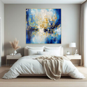 Modern abstract painting featuring metallic gold accents and dynamic brushstrokes