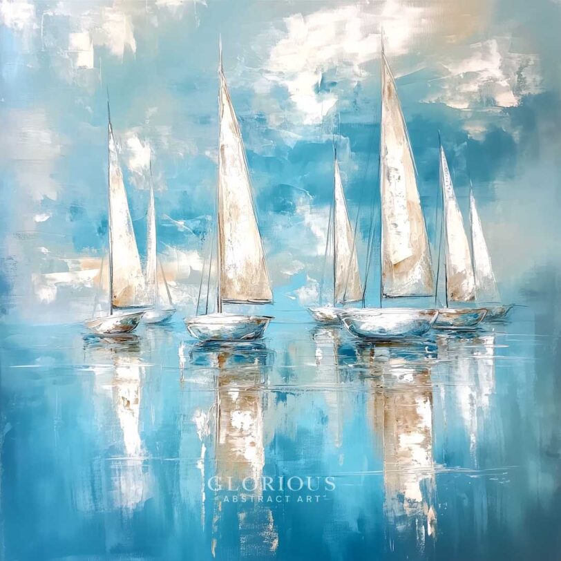 Sailboat painting in turquoise blue with textured palette knife strokes and white sails reflecting on calm water – nautical abstract wall art.