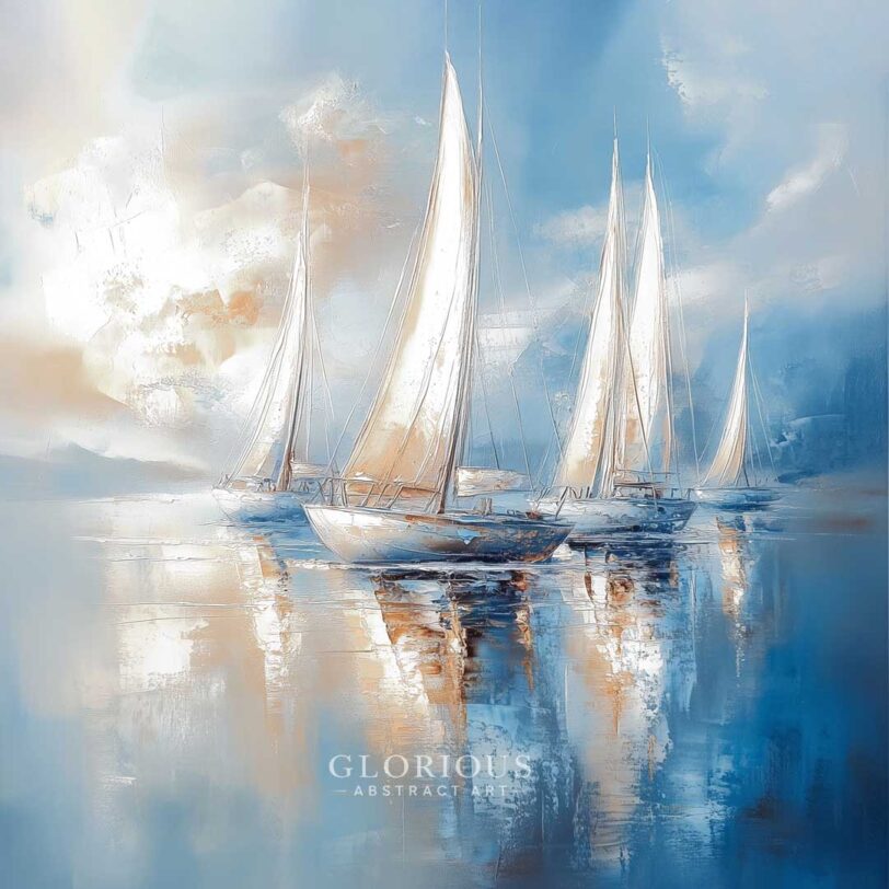 Elegant sailboat painting with soft blue, white, and beige tones, showing multiple boats on calm reflective water – peaceful nautical wall art.