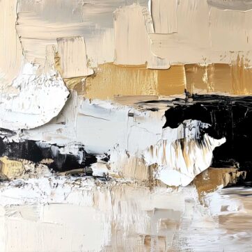 Textured abstract painting in neutral beige, white, black, and gold tones with palette knife layers – modern minimalist wall art.