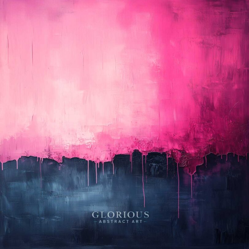 Contemporary abstract painting with bold gradient of hot pink to dark navy and drip textures – modern minimalist wall art.