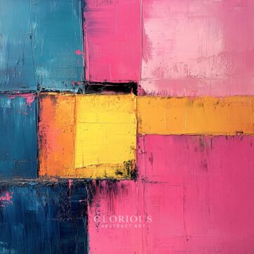 Geometric abstract painting with bold color blocks in pink, yellow, orange, and navy blue – modern textured palette knife wall art.