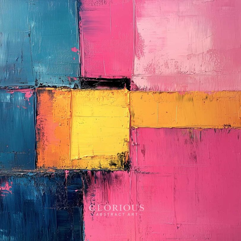 Geometric abstract painting with bold color blocks in pink, yellow, orange, and navy blue – modern textured palette knife wall art.