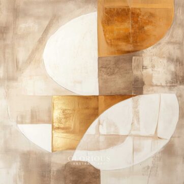 Minimalist geometric abstract painting in beige, white, and metallic gold with curved and block shapes – modern neutral wall art.