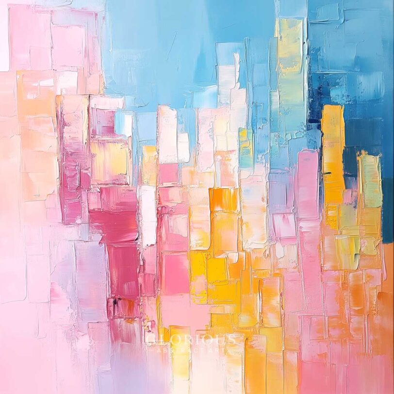 Abstract cityscape painting with pastel and vibrant blocks in pink, yellow, blue, and peach – modern textured palette knife wall art.