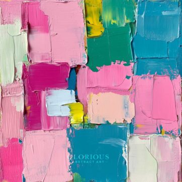 Bold abstract painting with color block palette knife texture in pink, teal, green, yellow, and cream – modern playful wall art