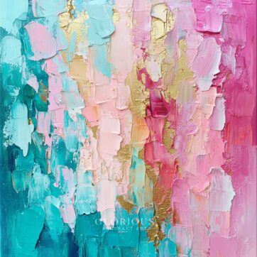 Colorful abstract painting with thick palette knife texture in pink, teal, aqua, and gold – modern impasto wall art