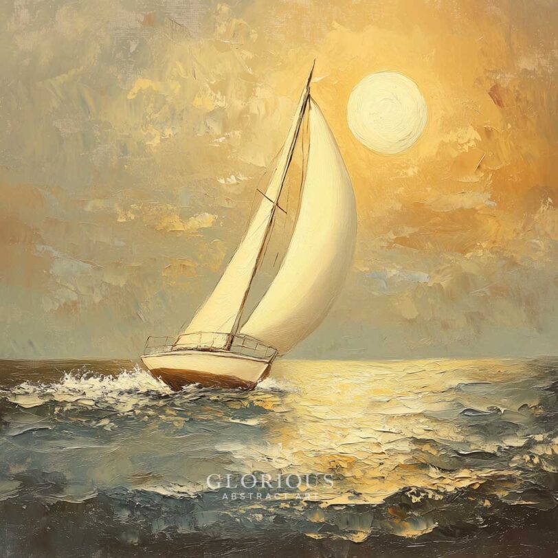 Sailboat painting with textured palette knife strokes under a golden sunset over shimmering ocean water – nautical wall art in warm tones
