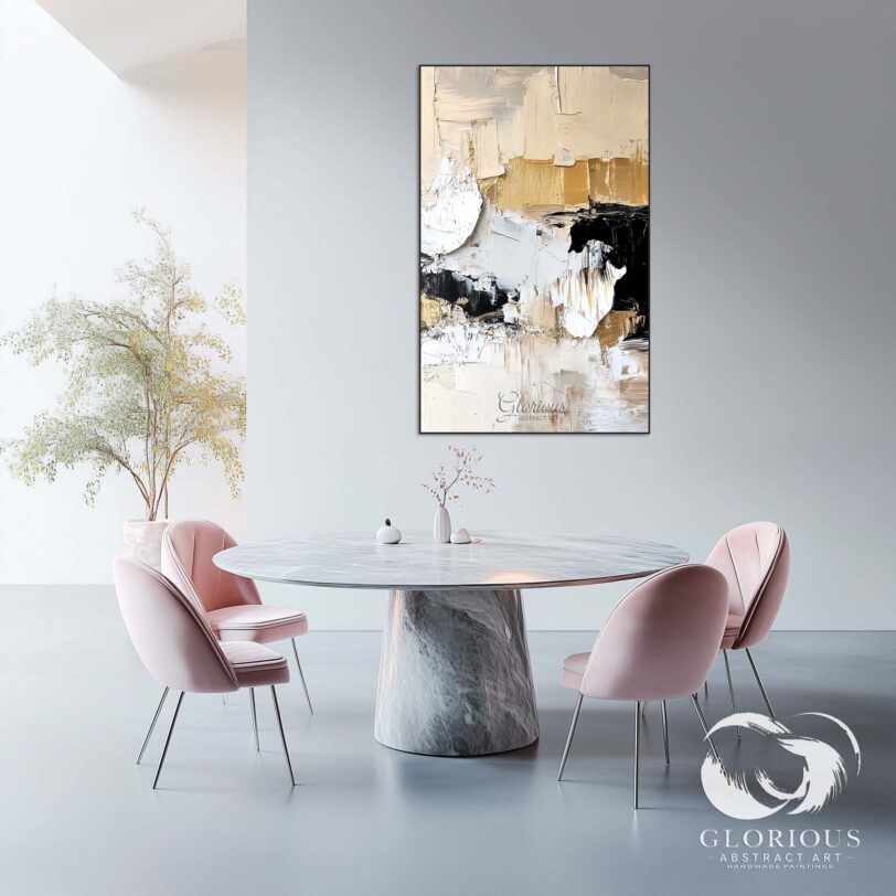 Large abstract painting in beige, black, and gold, adding a modern touch to home decor.