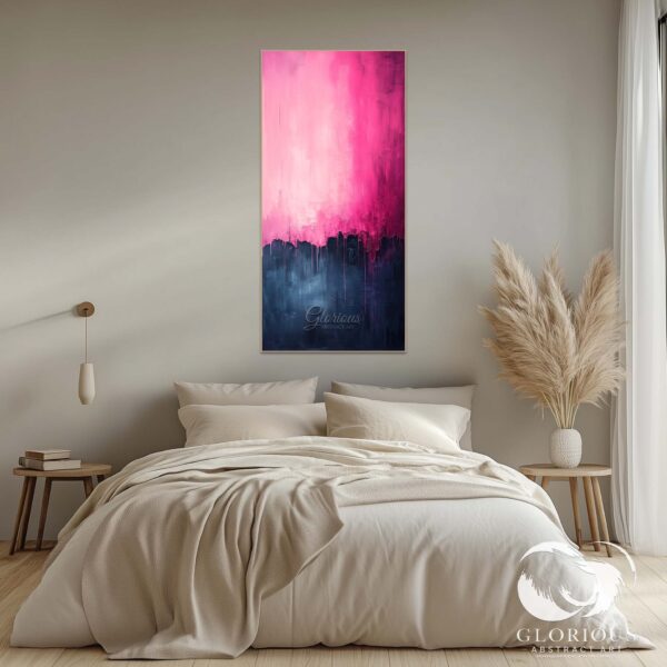 Pink and navy abstract canvas painting hung above a white sofa in a modern living room.