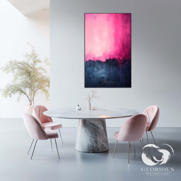 Large abstract painting in pink and navy tones displayed in a bright, minimalist living room