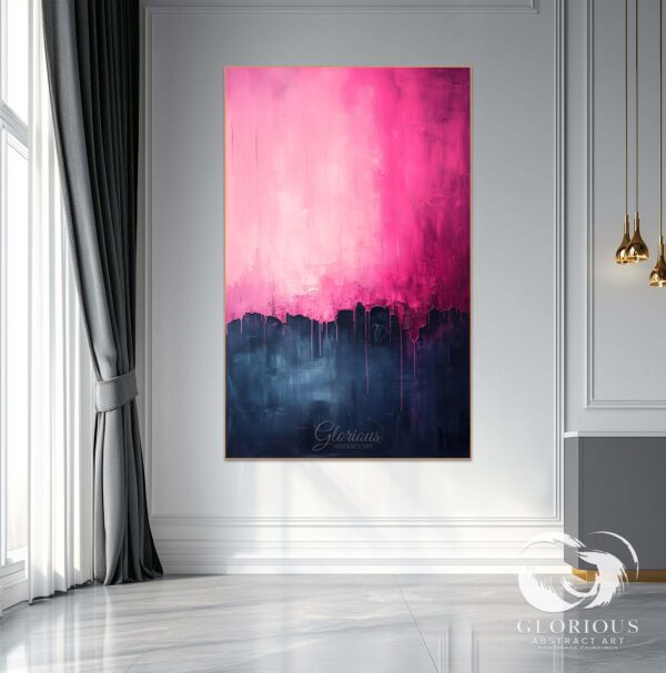 Pink and navy abstract canvas displayed in a contemporary dining room.