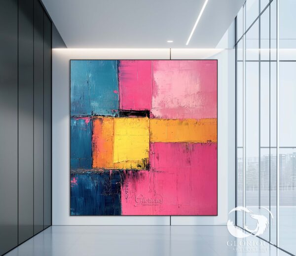 Abstract painting with bold pink, yellow, and blue colors, perfect for home office decor.