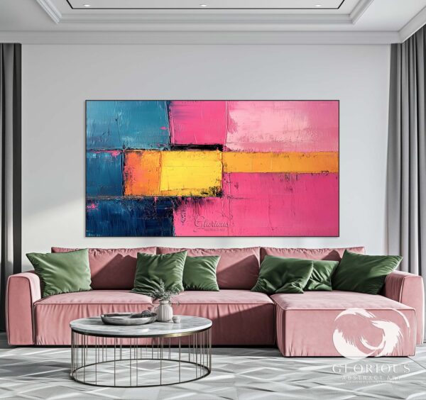 Vibrant abstract painting with textured layers of pink, yellow, and blue.