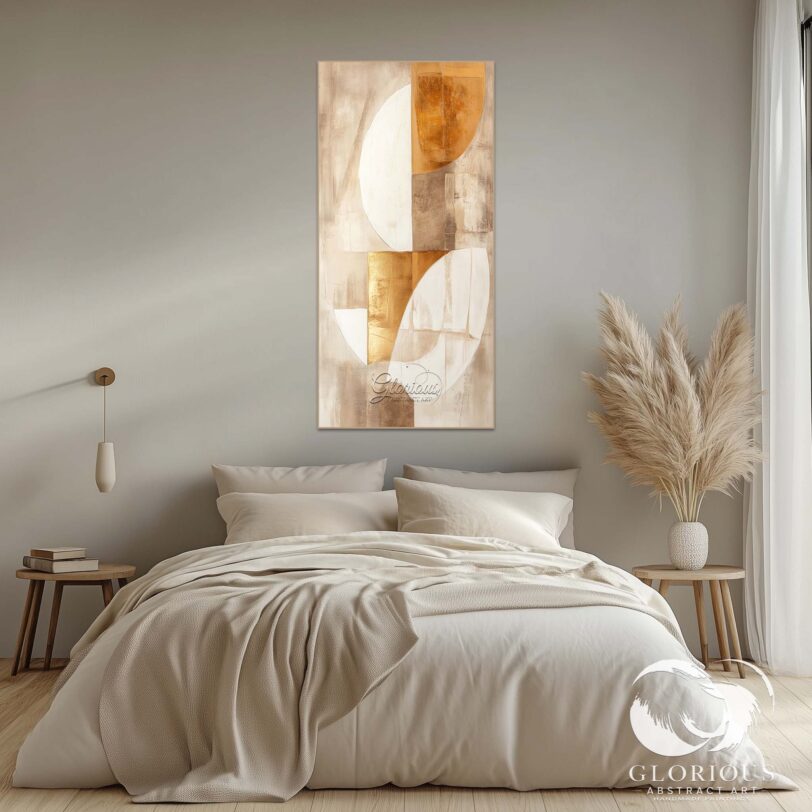 Large abstract painting in gold and beige tones displayed in a living room