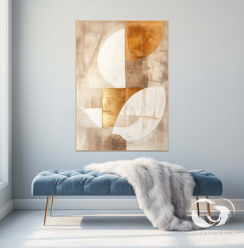 Abstract gold and beige wall art with textured details