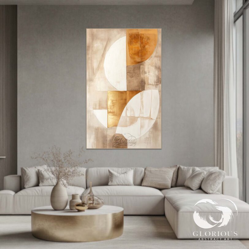 Close-up view of textured brushstrokes in gold and beige abstract art