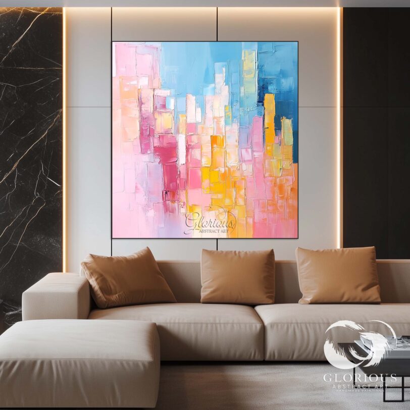 Detail shot of brushstrokes on an abstract cityscape canvas with vibrant colors