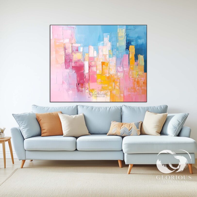 Modern abstract cityscape wall art in blue, pink, and yellow for contemporary decor