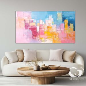 Urban skyline abstract painting in blue, pink, and yellow tones for office decor