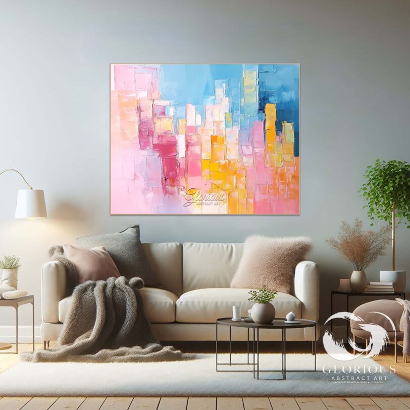 Colorful abstract cityscape painting with blocks of blue, pink, and yellow