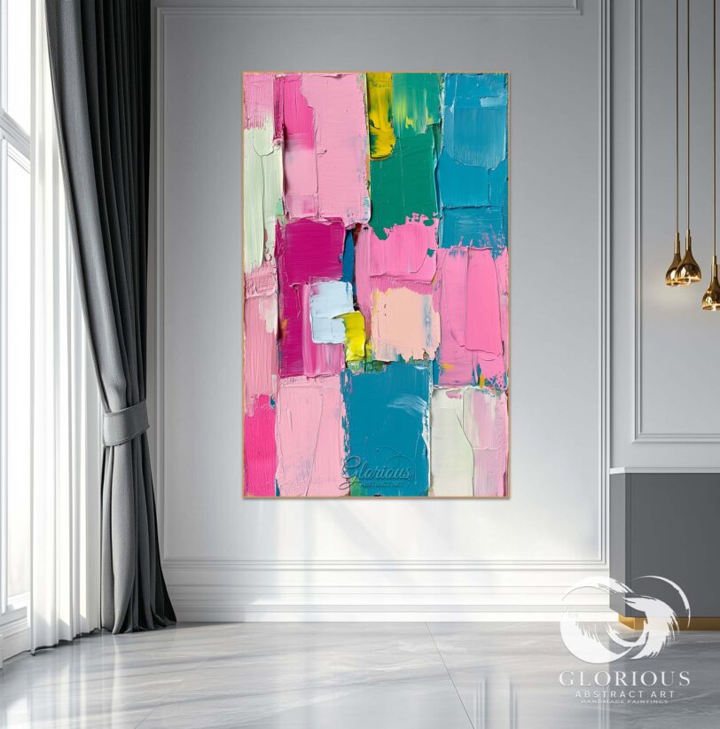 Color block abstract painting with pastel hues on a large canvas
