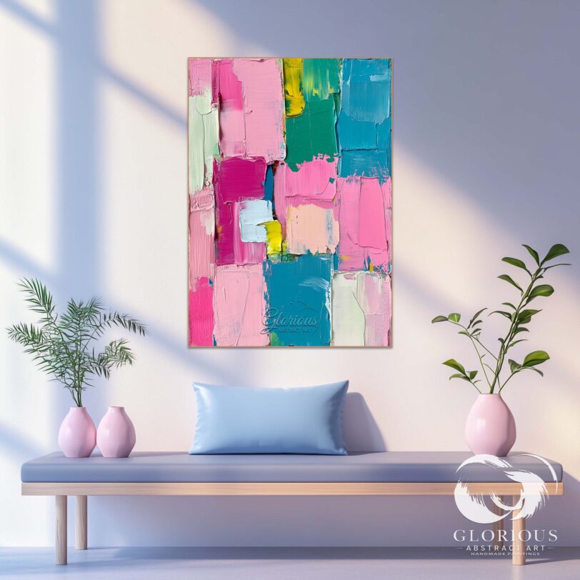 Abstract painting with pastel color blocks hanging in a modern room.