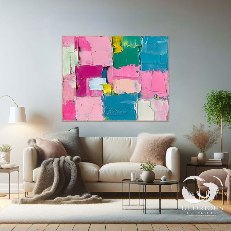 Textured color block abstract painting on canvas with bold brushstrokes.