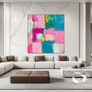 Large vertical abstract painting with vibrant pink, blue, and yellow colors