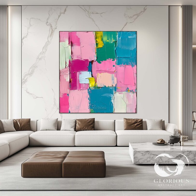 Large vertical abstract painting with vibrant pink, blue, and yellow colors