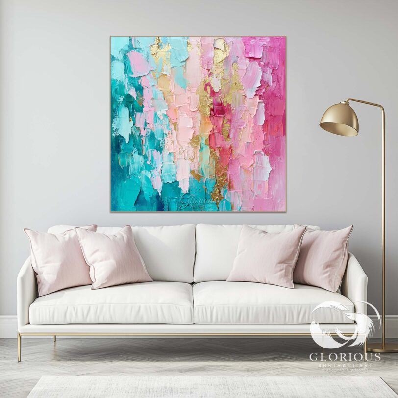Close-up of turquoise, pink, and gold abstract painting with textured brushstrokes.