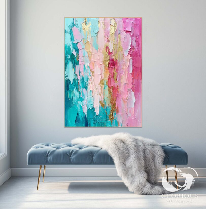 Textured turquoise and pink abstract art with gold accents, ideal for office decor